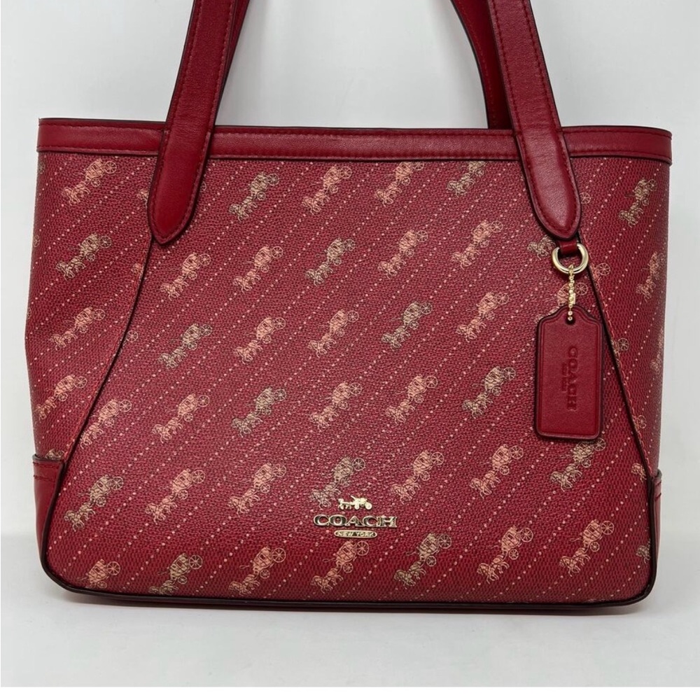 AUTHENTIC Coach Burgandy/redish Tote 27 Horse And Carriage Dot Print! NWOT’